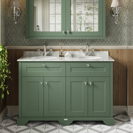 Hudson Reed Old London 1220mm Hunter Green Floor Standing Double Basin Vanity Unit With White Marble Top