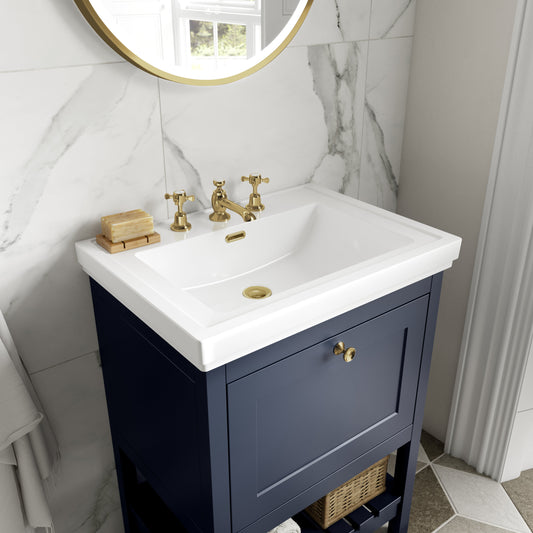 Hudson Reed Bexley 500mm Indigo Blue Floor Standing 1 Drawer Vanity Unit With 3 Tap Hole Fireclay Basin
