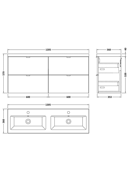 Hudson Reed Fusion 1205mm Wall Hung Bleached Oak 4-Drawer Vanity Unit With Double Basin