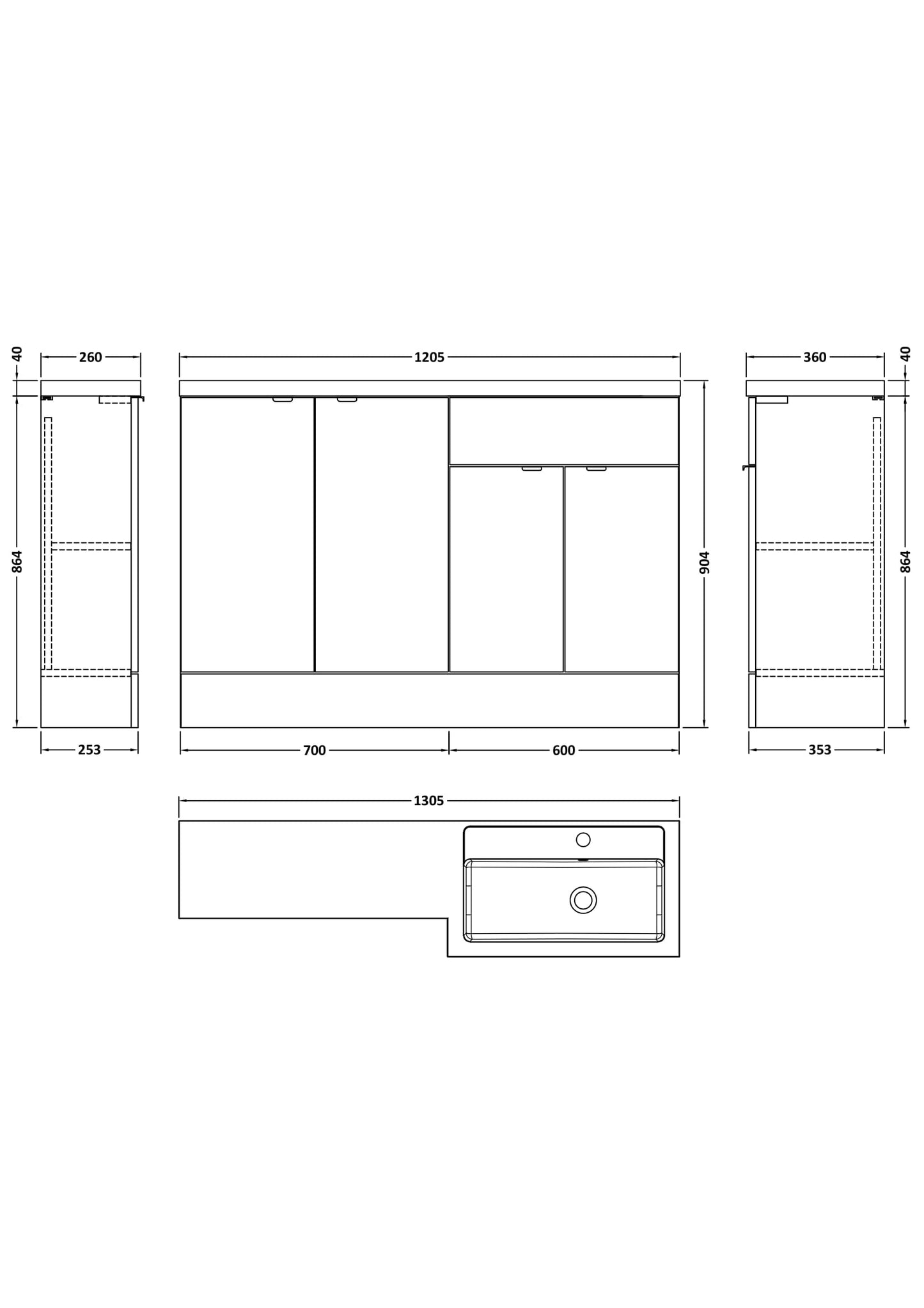 Hudson Reed Fusion 1205mm Charcoal Black Floor Standing 2 Door Vanity Basin Combination Unit With Handles With Overflow