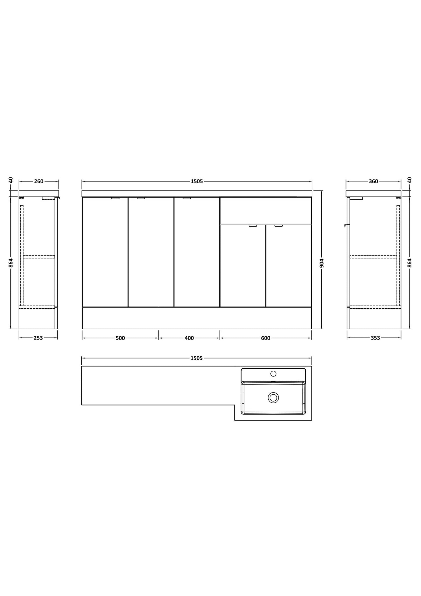 Hudson Reed Fusion 1500mm Right Hand Charcoal Black Floor Standing Vanity Basin Combination With Handles & Overflow