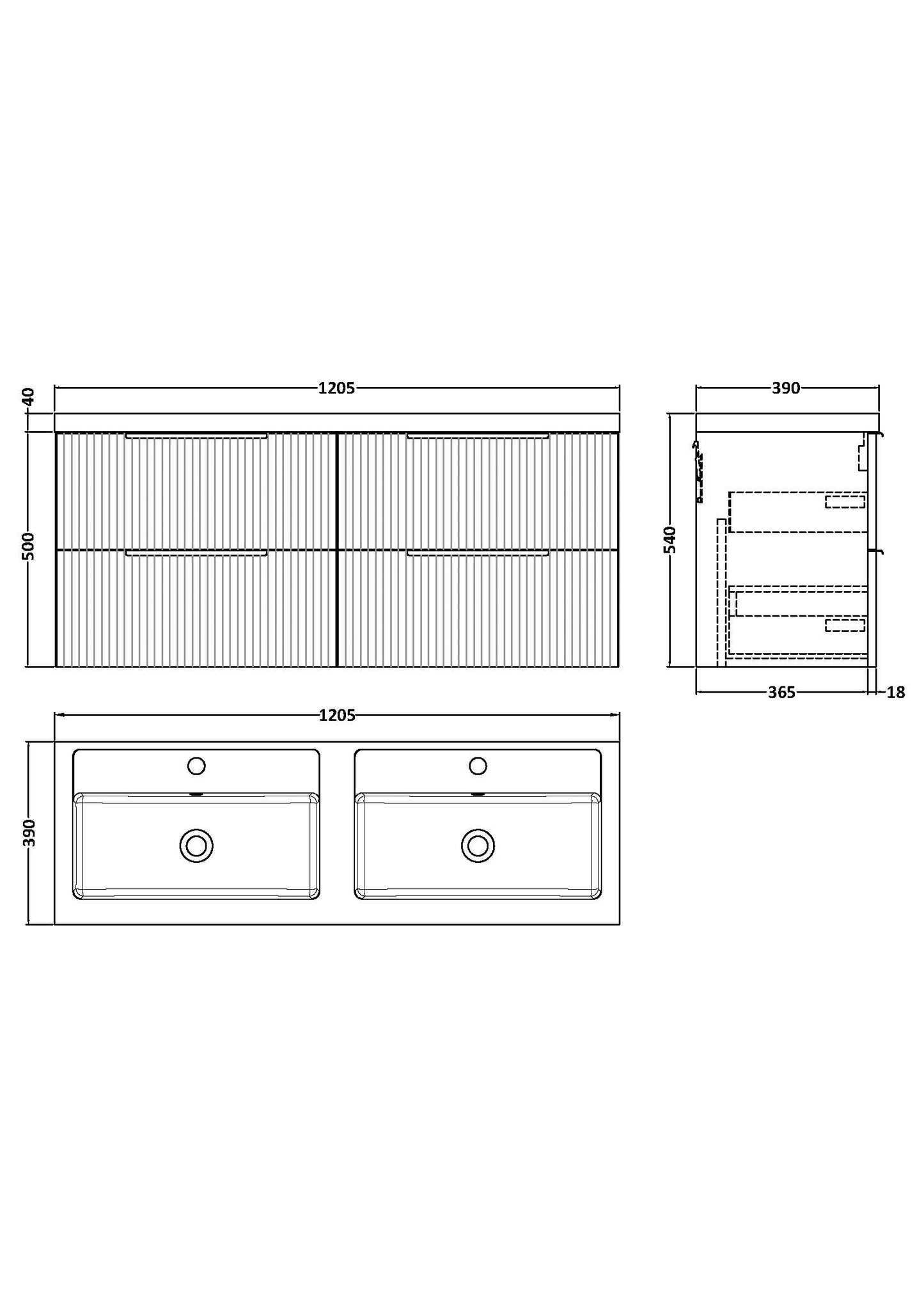 Hudson Reed Fluted 1200mm Wall Hung 4-Drawer Vanity with Double Basin