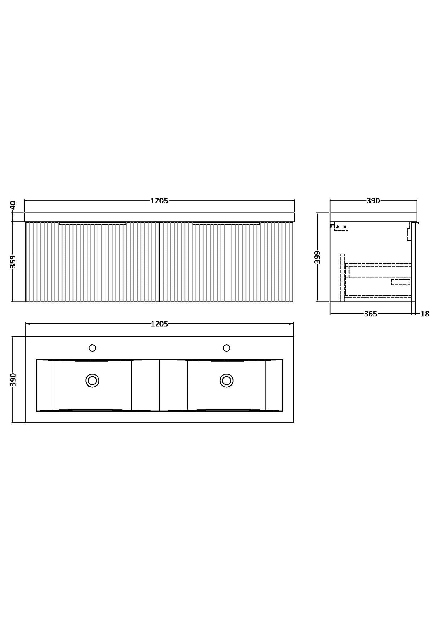 Hudson Reed Fluted 1200mm Satin Blue Wall Hung 2-Drawer Vanity Unit with Double Basin