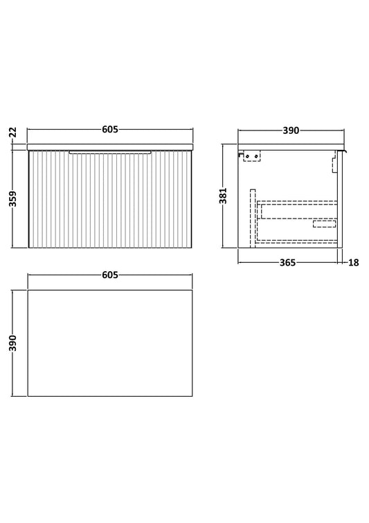 Hudson Reed Fluted 600mm Wall Hung Single Drawer Vanity Unit With Laminate Worktop