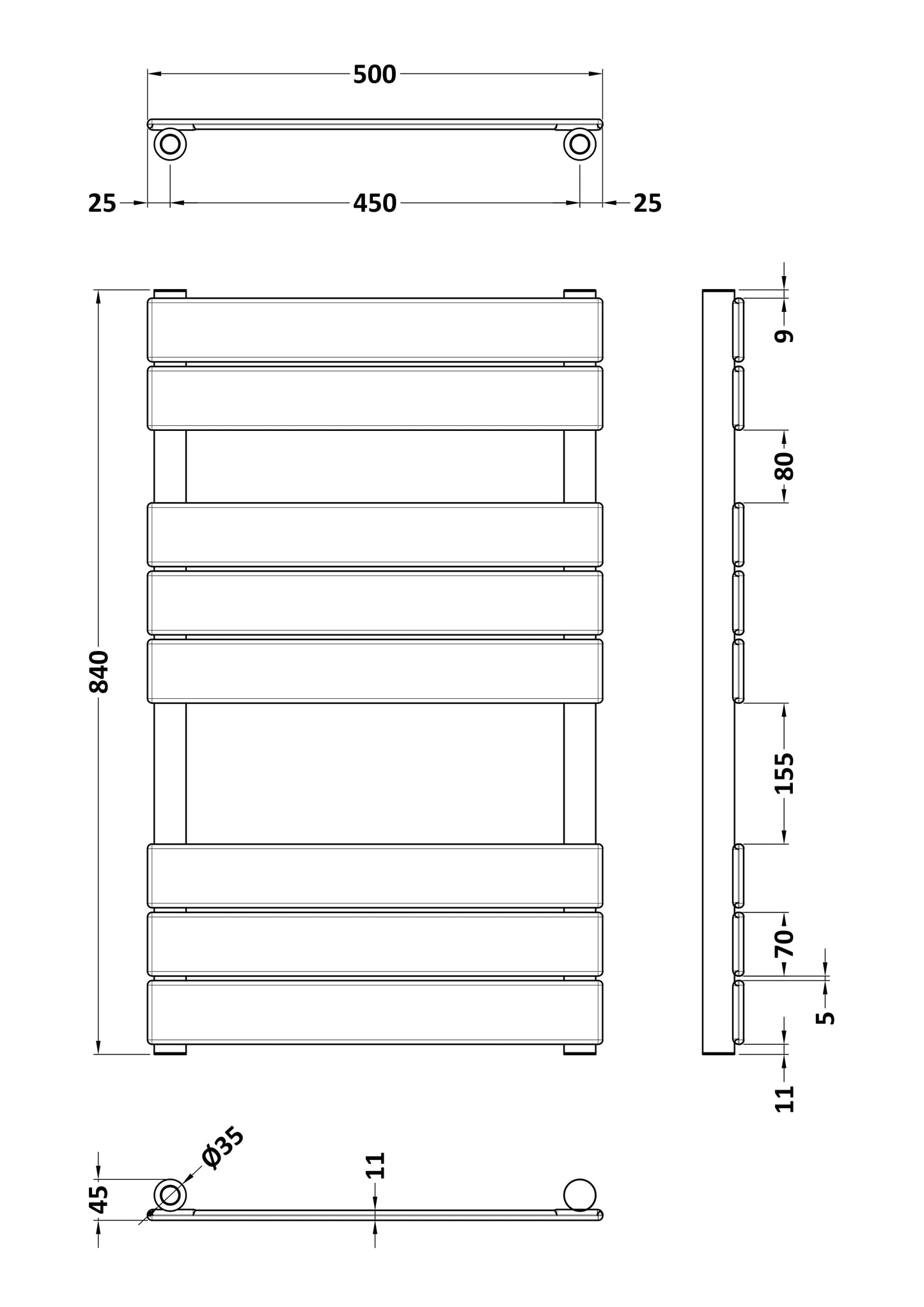 Piazza Square Towel Radiator with Flat Panels 840mm x 500mm