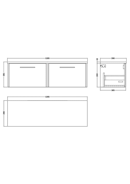 Hudson Reed Juno 1200mm Wall Hung 2-Drawer Vanity Unit With Laminate Worktop & Handles