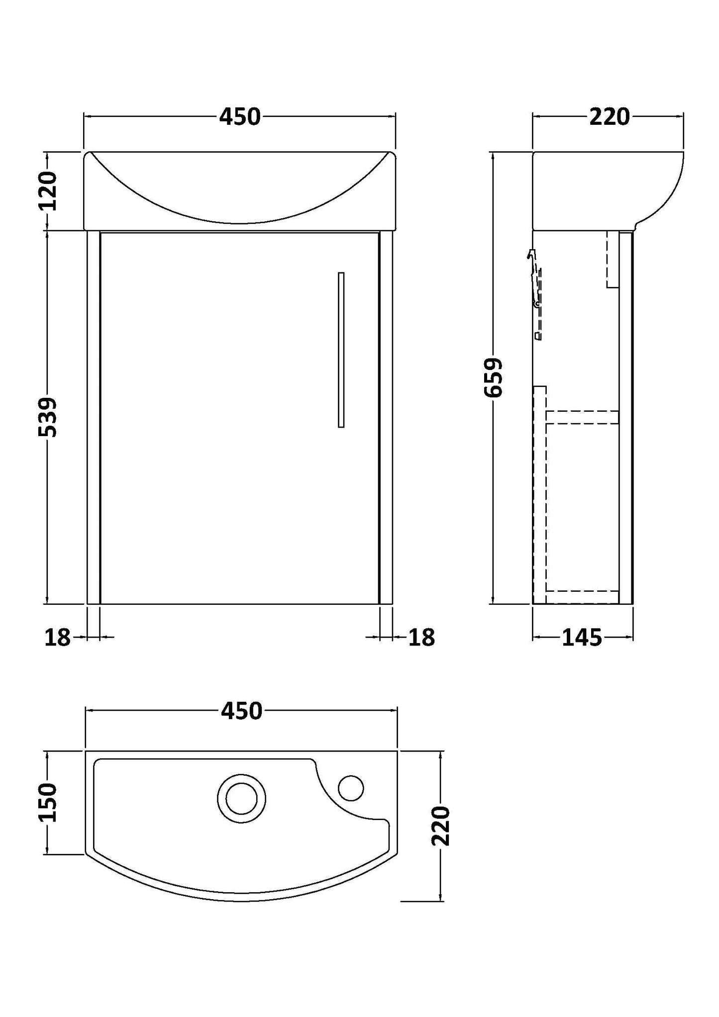 Hudson Reed Juno Compact 440mm Wall Hung Single Door Vanity Unit With 1 Tap Hole Left Hand Basin