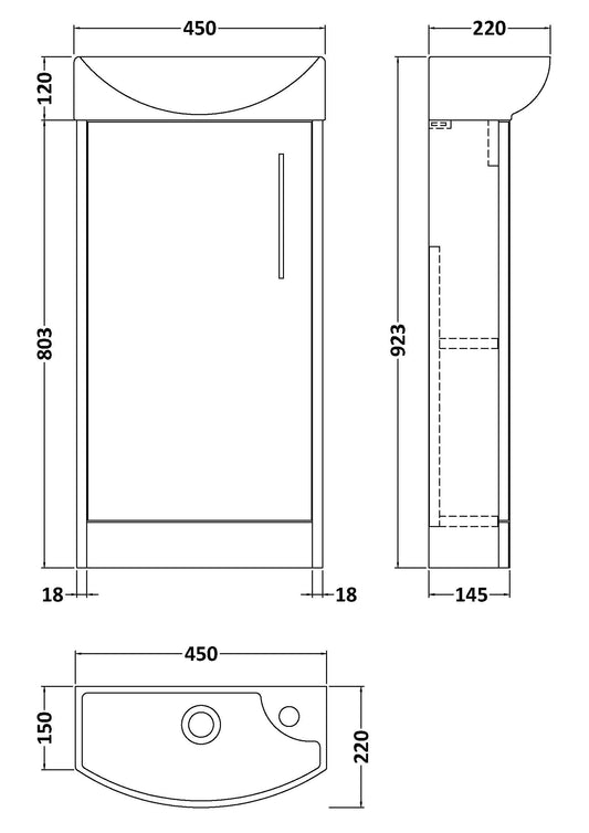 Hudson Reed Juno Compact 450mm Left Hand Floor Standing Single Door Vanity Unit with 1 Tap Hole Basin