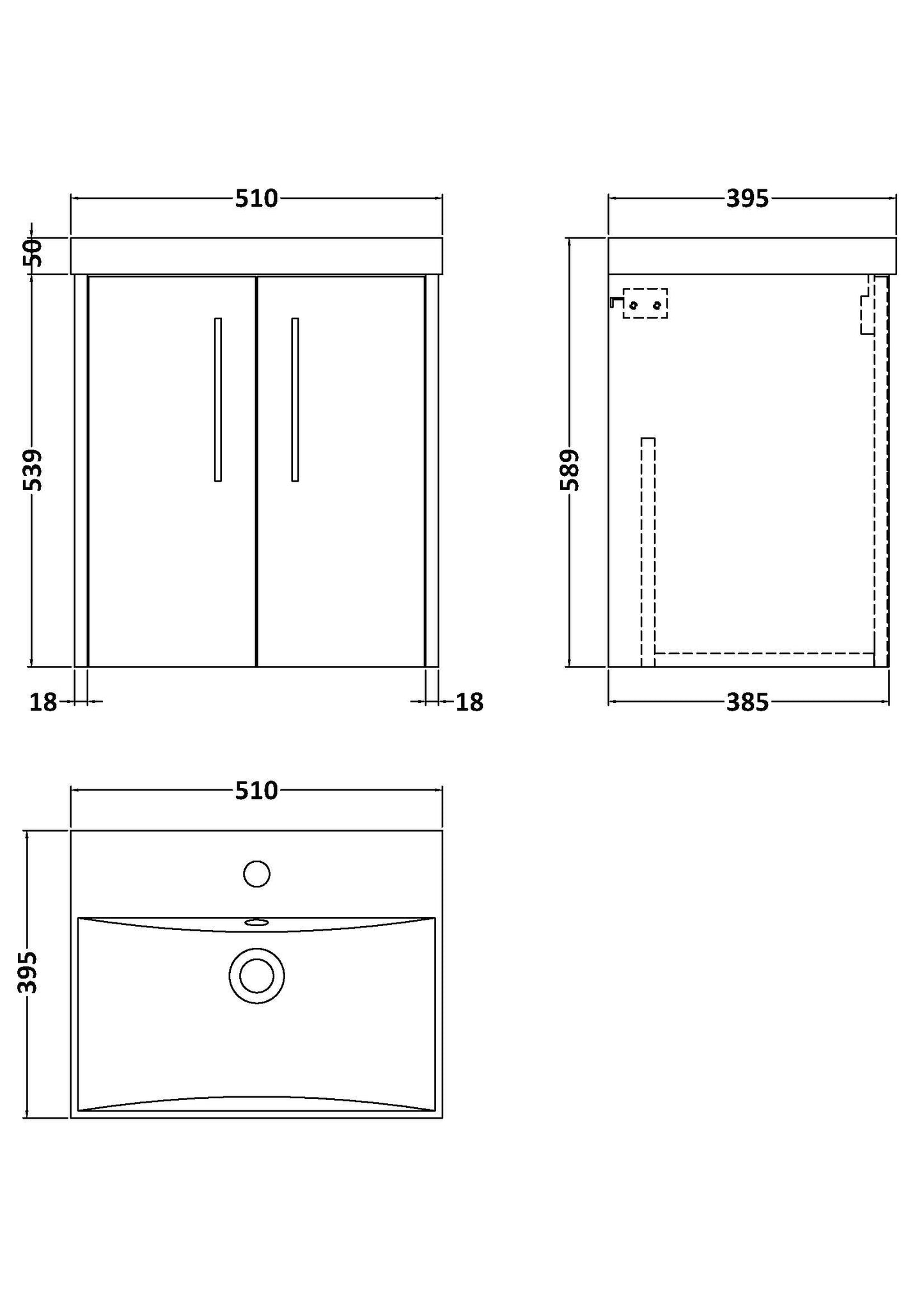 Hudson Reed Juno 510mm Wall Hung 2-Door Vanity & Basin With Soft Close Drawers