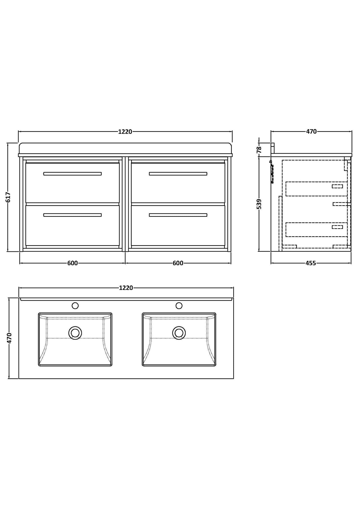 Hudson Reed Lille 1200mm Pebble Grey Wall Hung 4-Drawer Vanity Unit with Double Marble Basins