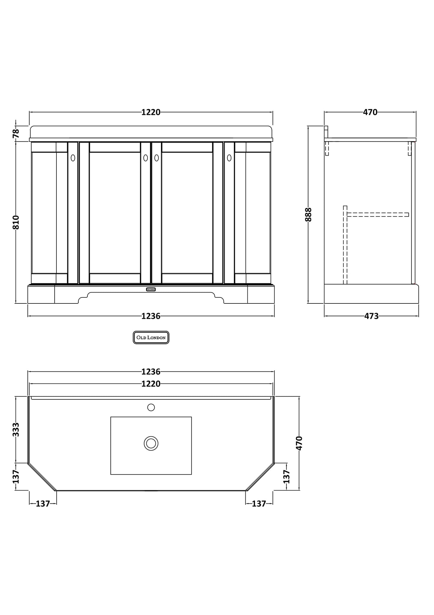 Hudson Reed Old London 1236mm Storm Grey Floor Standing 4 Door Vanity Unit With Grey Marble Basin