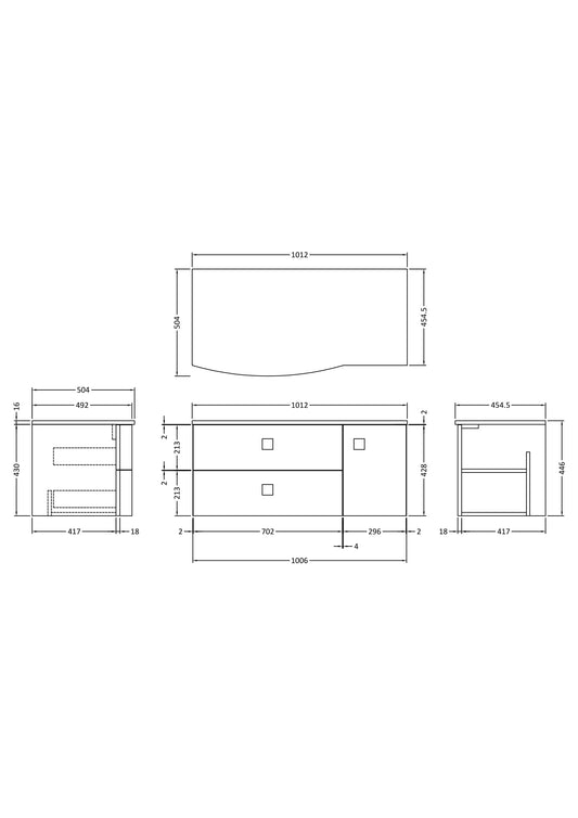 Hudson Reed Sarenna 1012mm Dove Grey Wall Hung Left Hand 2 Drawer 1 Door Vanity Unit With White Marble Top