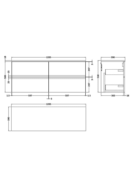 Hudson Reed Urban 1205mm Soft Black Wall Hung 4 Drawer Vanity Unit With Worktop