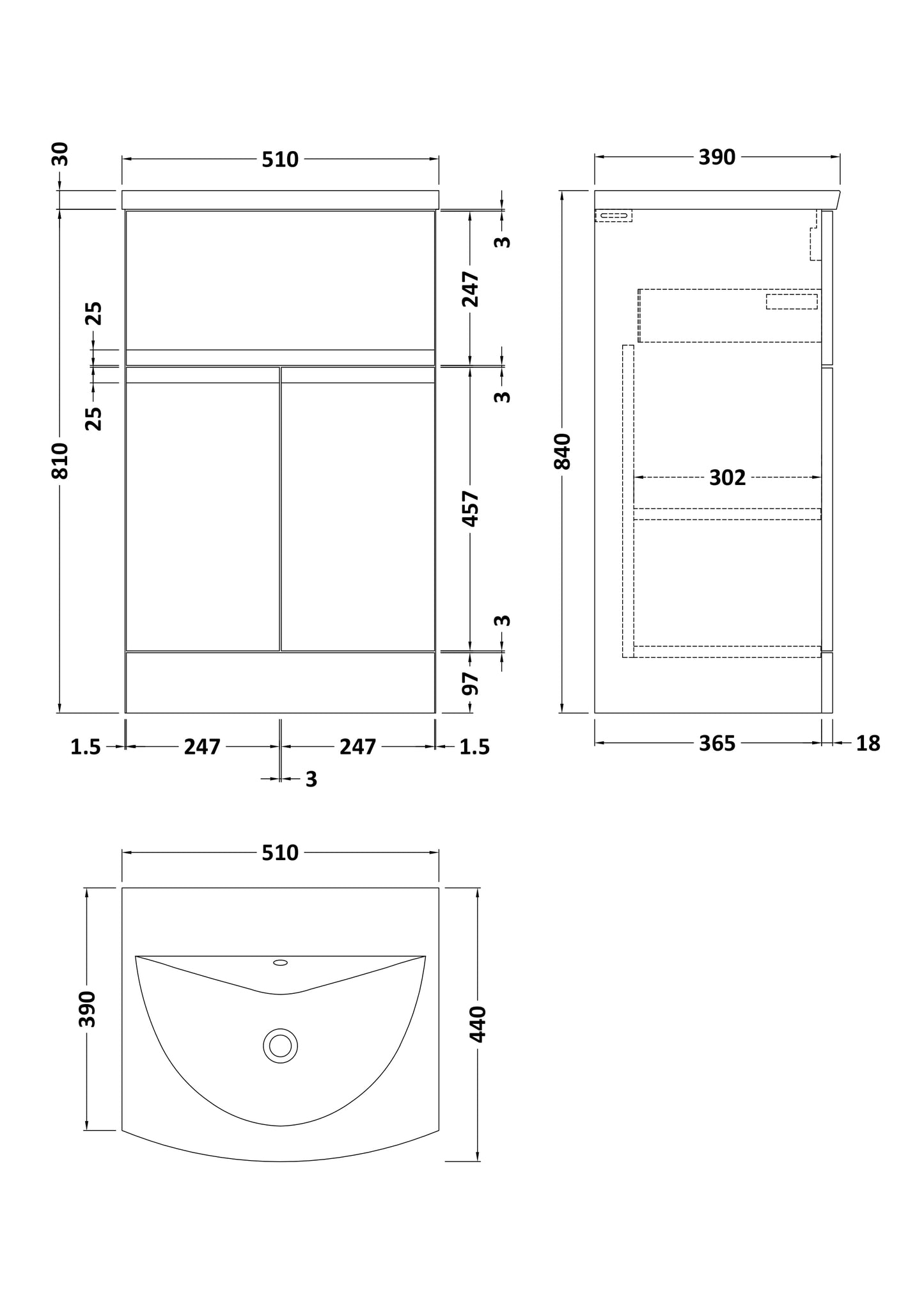 Urban 500mm Floor Standing 2-Door/Drawer Unit and Curved Basin 1 Tap Hole
