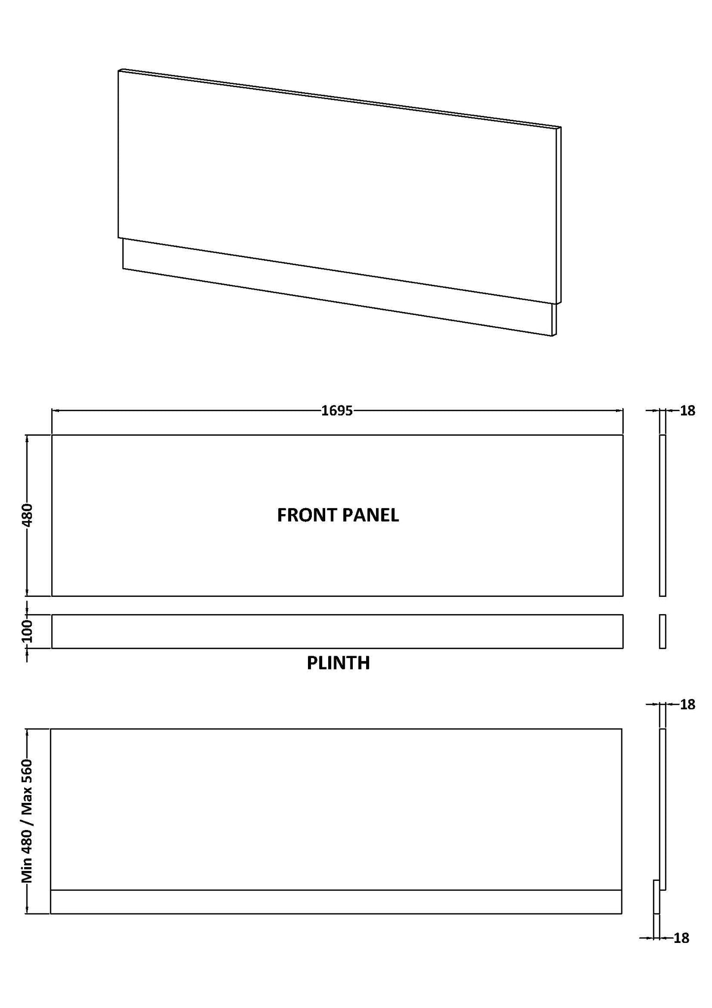 Havana Straight Shower Bath Front Panel & Plinth, 1700mm