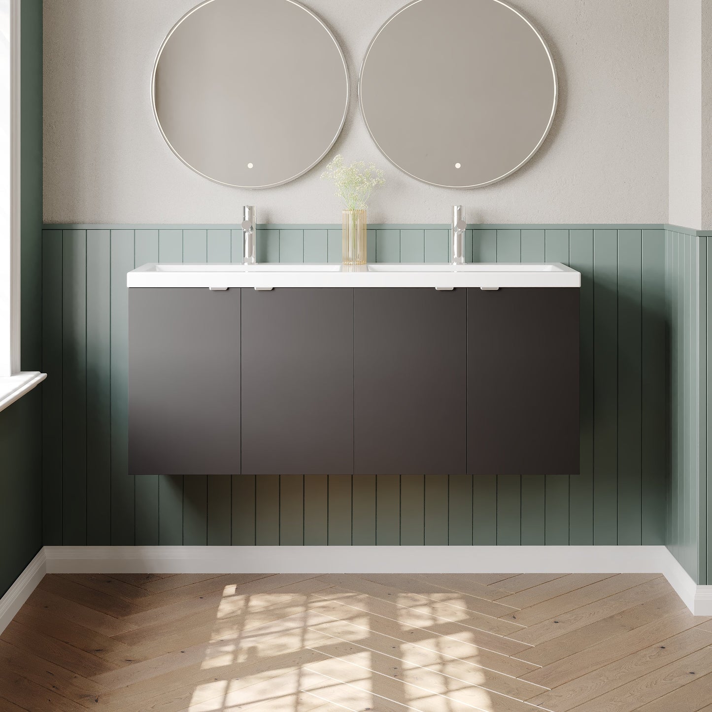 Hudson Reed Fusion 1200mm Gloss Grey Wall Hung 2 Door Vanity Unit with Twin Ceramic Basin