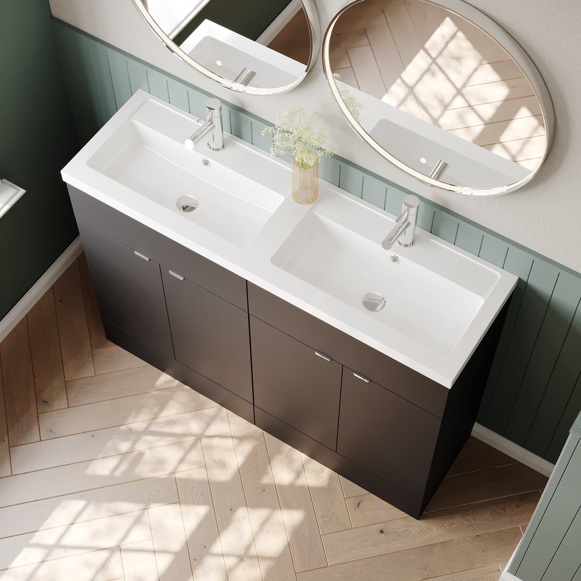 Hudson Reed Fusion 1200mm Gloss Grey Floor Standing 4 Door Vanity Unit with Twin Basin & Soft Close Doors