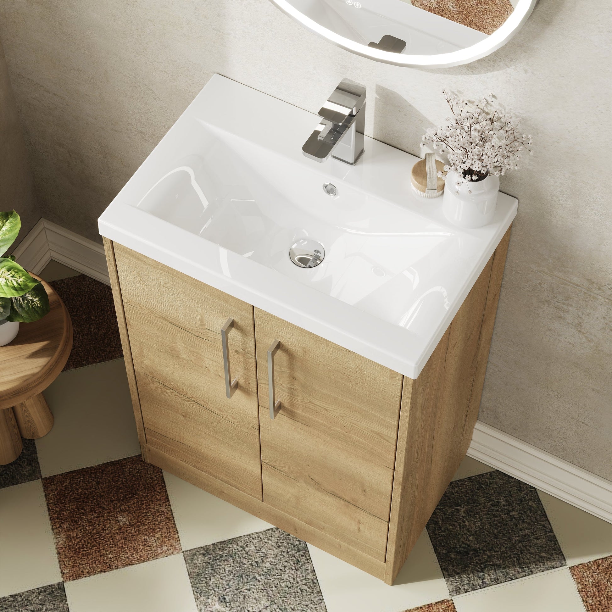 Hudson Reed Juno 600mm Autumn Oak Floor Standing 2-Door Vanity Unit with 1 Tap Hole Basin