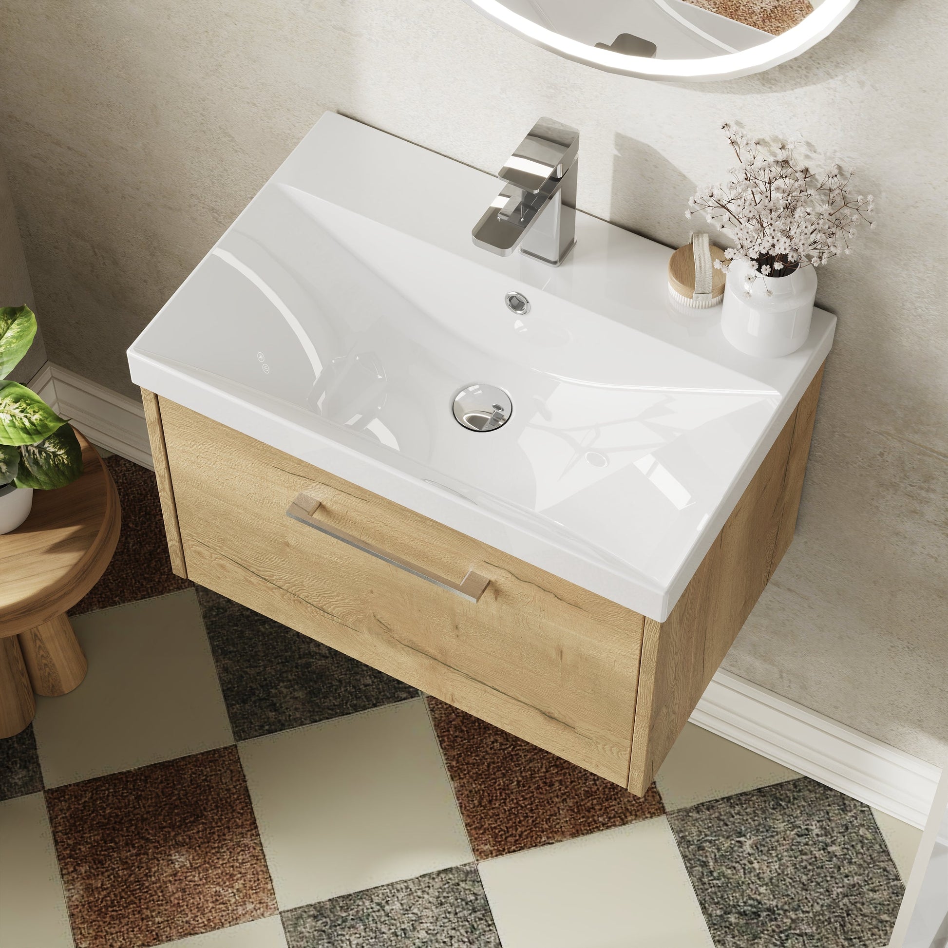 Hudson Reed Juno 600mm Autumn Oak Wall Hung Single Drawer Vanity Unit With Thin-Edge 1 Tap Hole Basin