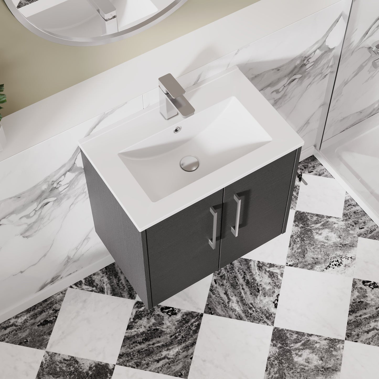 Hudson Reed Juno 600mm Wall Hung Graphite Grey Woodgrain 2-Door Vanity Unit With 1 Tap Hole Basin