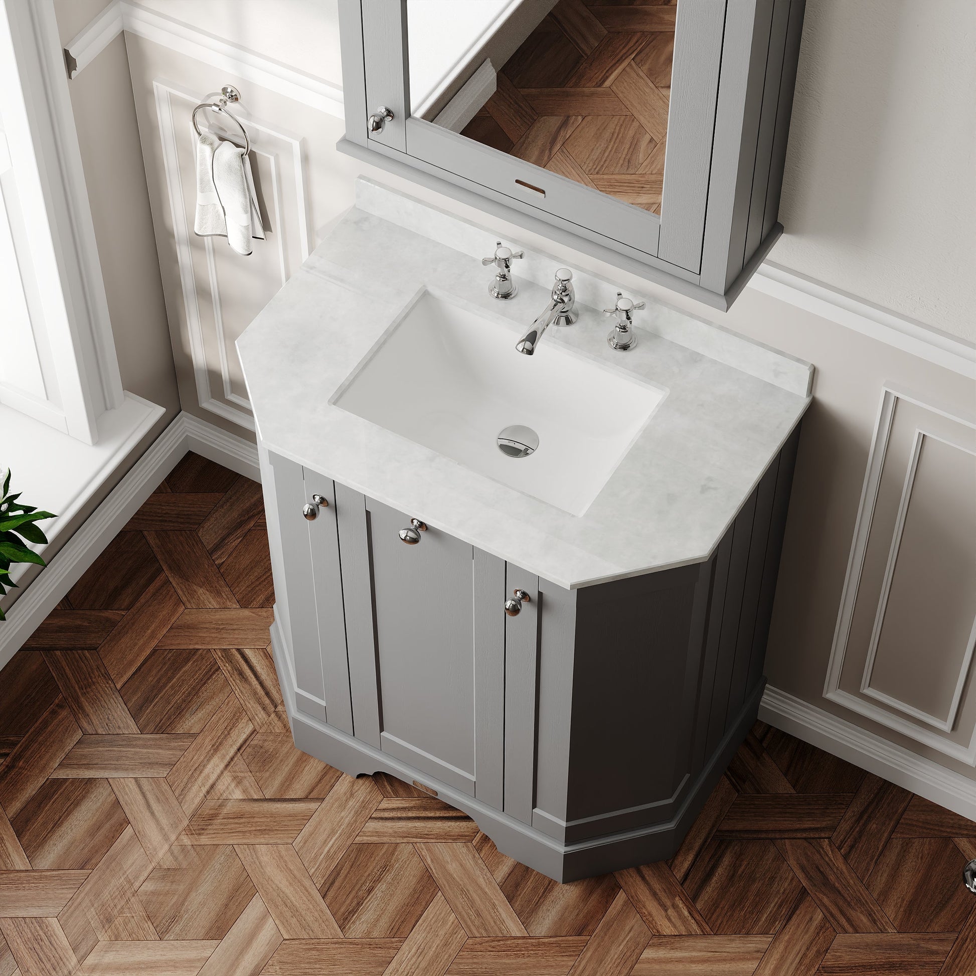 Hudson Reed Old London 750mm Storm Grey Floor Standing 3 Door Vanity Unit with 3 Tap Hole White Marble Top Basin