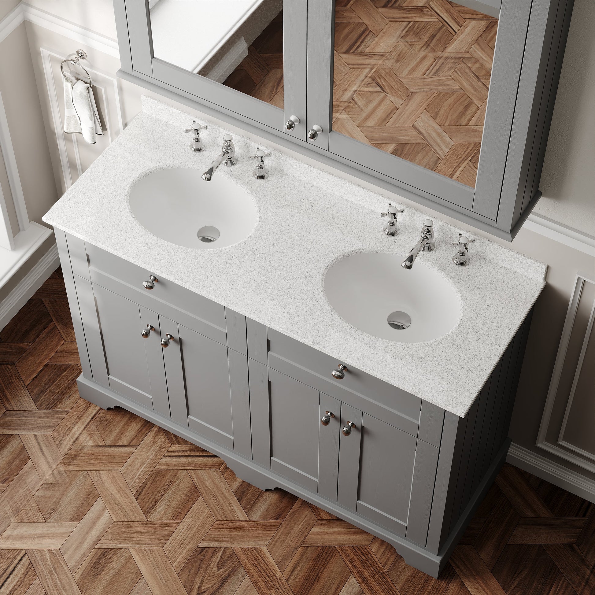 Hudson Reed Old London 1220mm Storm Grey Floor Standing 4 Door Vanity Unit with White Marble Top Double Basin