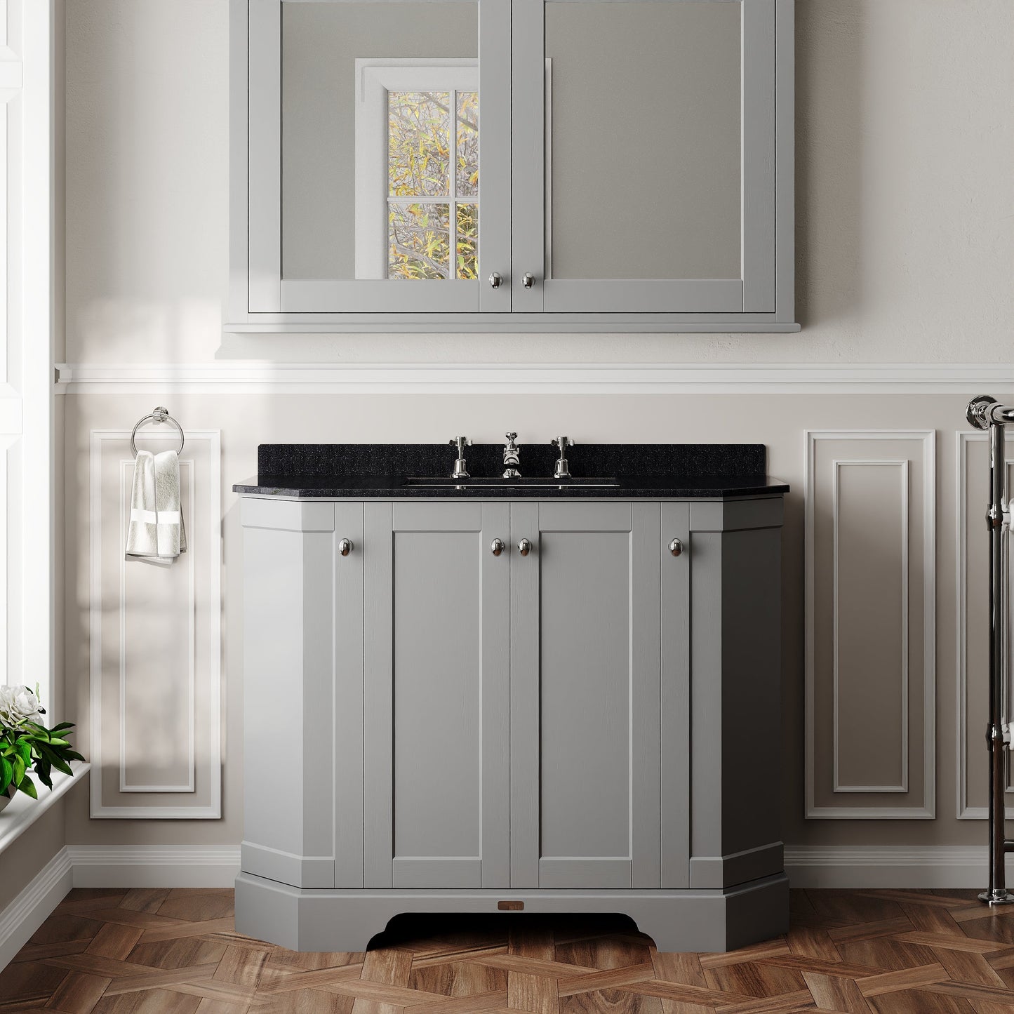 Hudson Reed Old London 1036mm Floor Standing 4 Door Vanity Unit with 3 Tap Hole Black Marble Top Basin and Backsplash