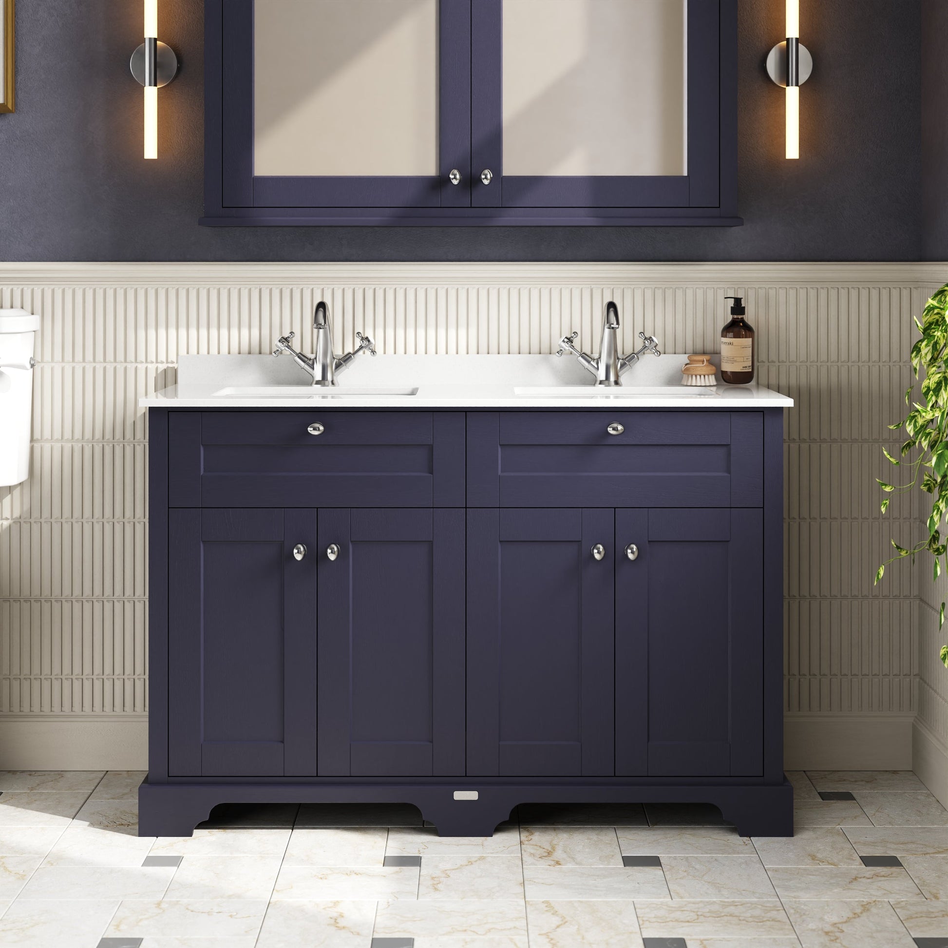 Hudson Reed Old London 1250mm Twilight Blue Floor Standing 4 Door Vanity Unit With White Double Marble Top Basin