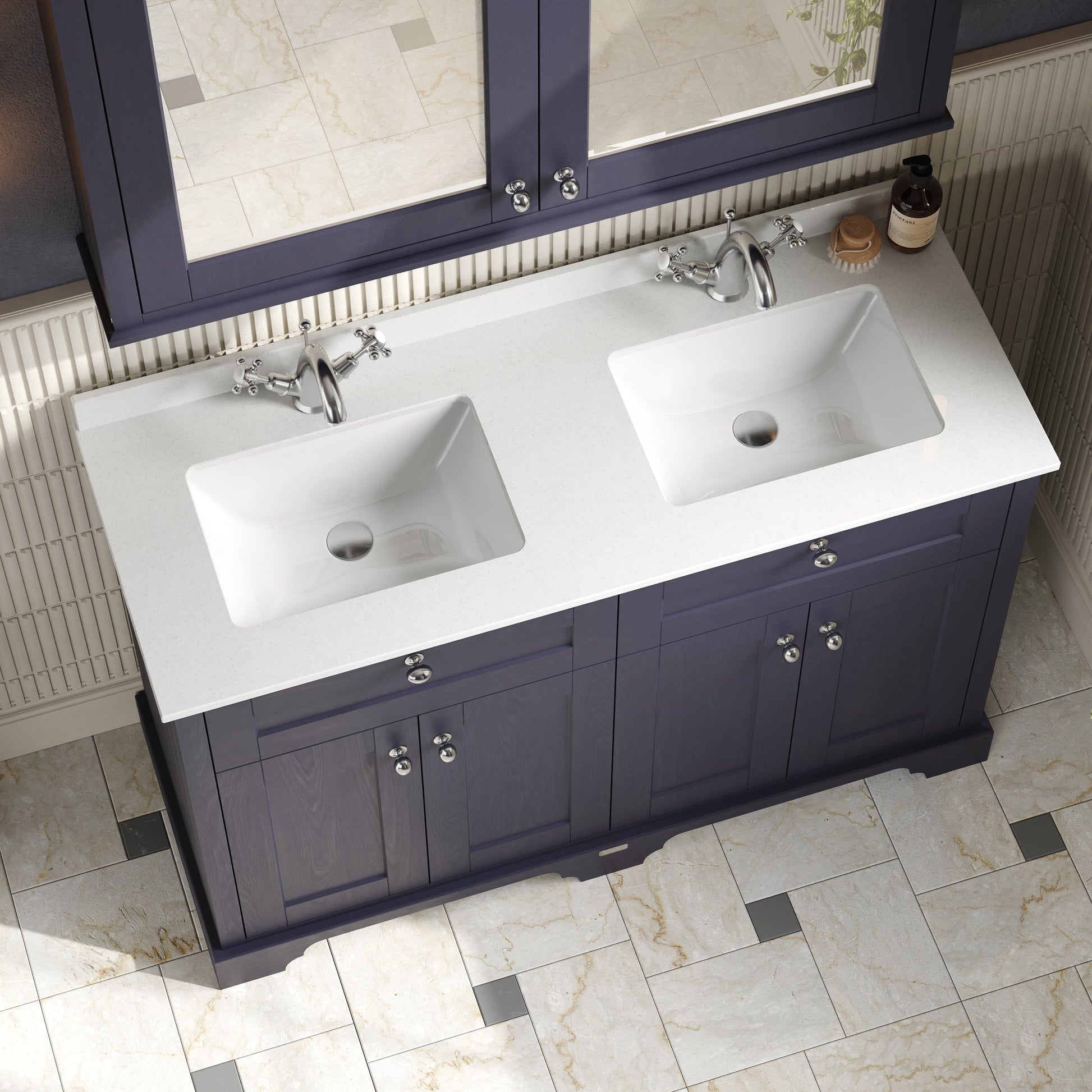 Hudson Reed Old London 1250mm Twilight Blue Floor Standing 4 Door Vanity Unit With White Double Marble Top Basin