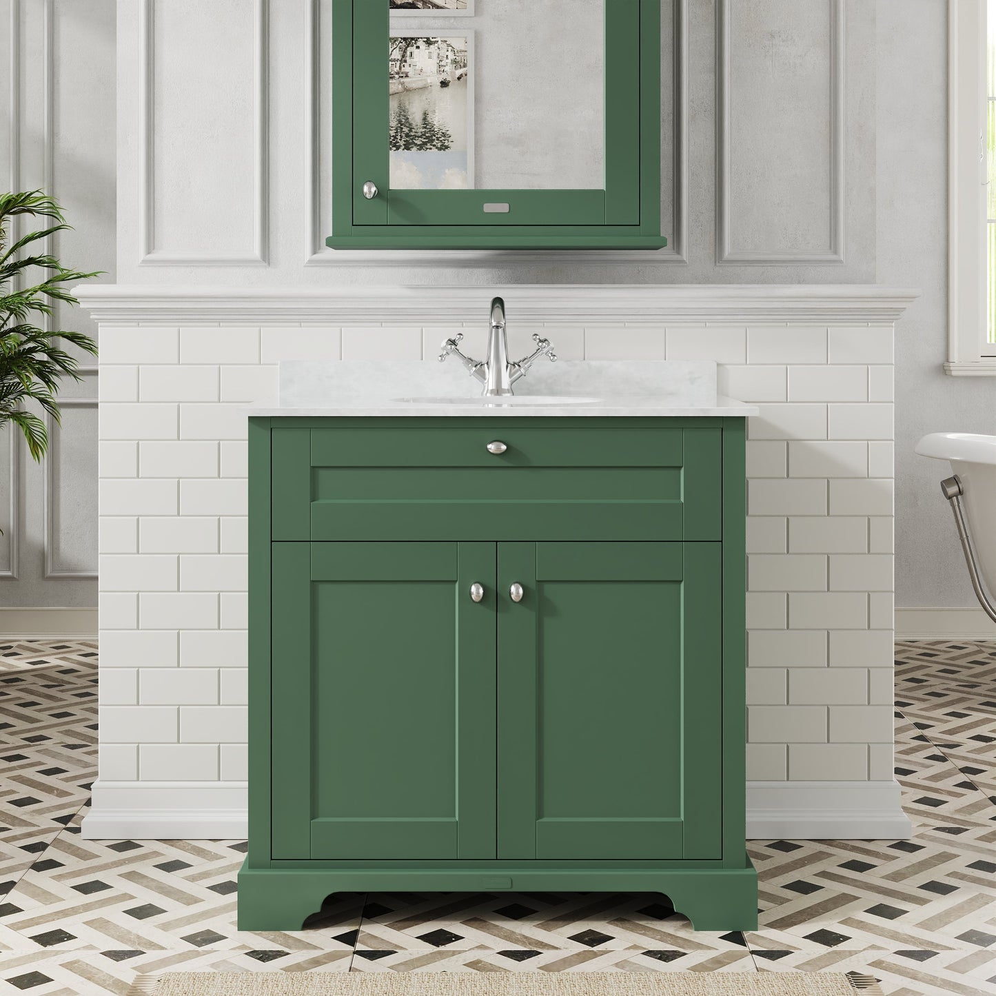 Hudson Reed Old London 800mm Hunter Green Floor Standing 2 Door Vanity Unit With White Marble Top Basin