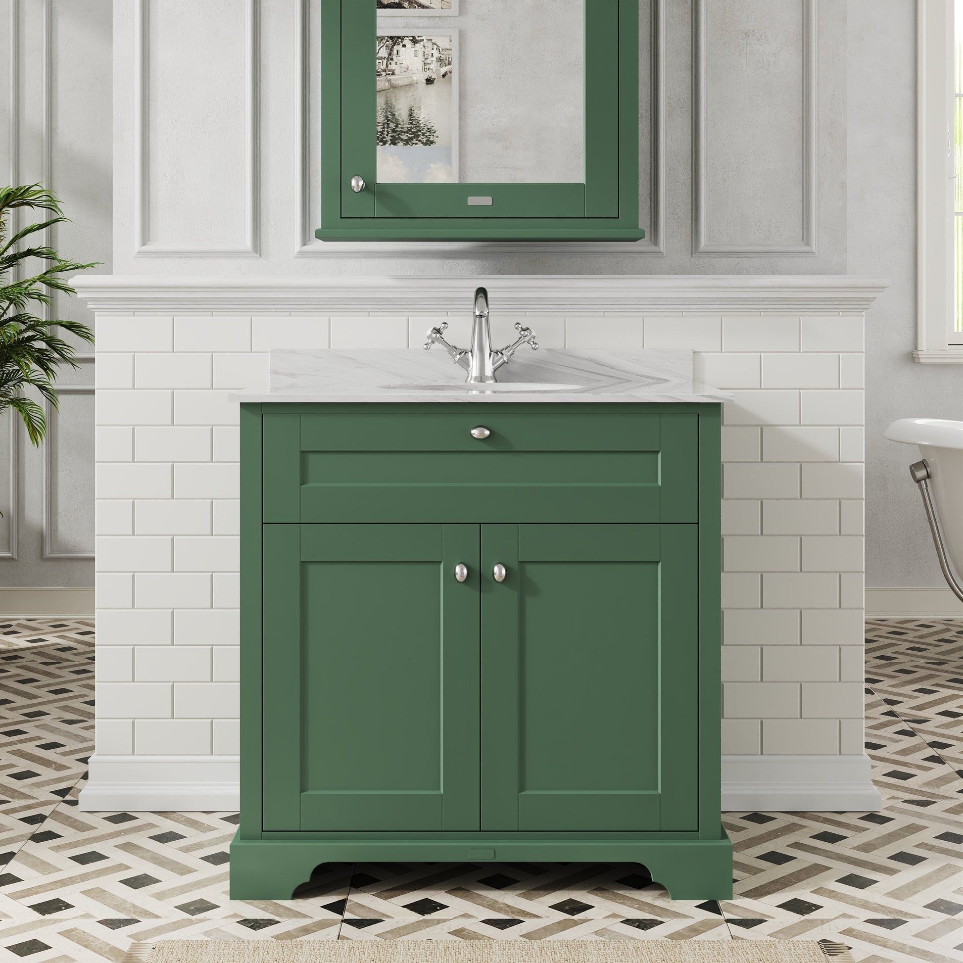Hudson Reed Old London 800mm Hunter Green Floor Standing 2 Door Vanity Unit With Grey Marble Top Basin