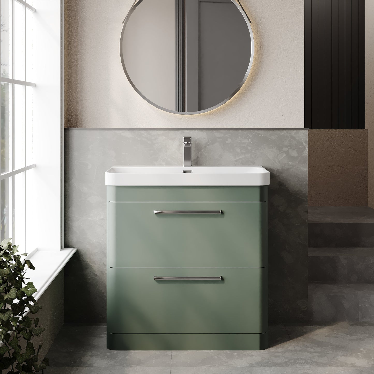 Hudson Reed Solar 800mm Fern Green Floor Standing 2-Drawer Vanity Unit With Basin
