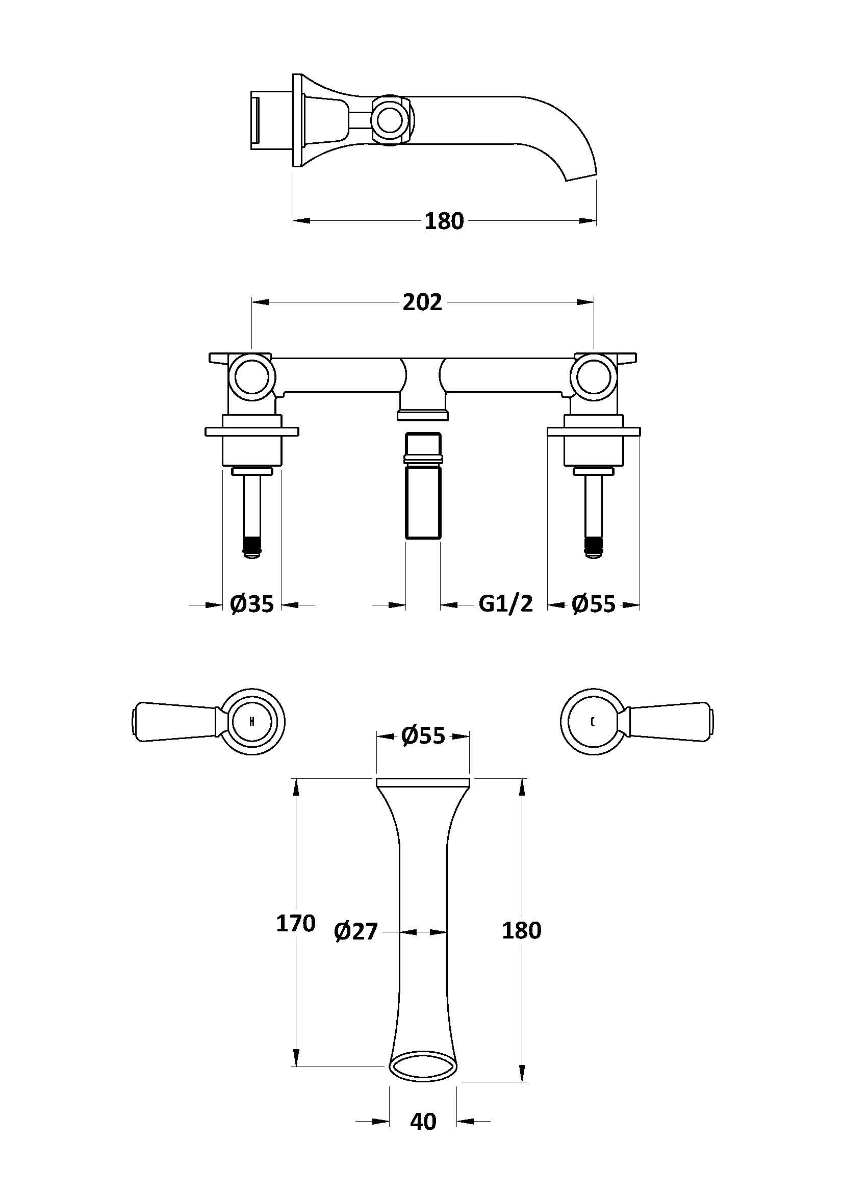 White Topaz With Lever Handle 3 Tap Hole Wall Mounted Basin Mixer