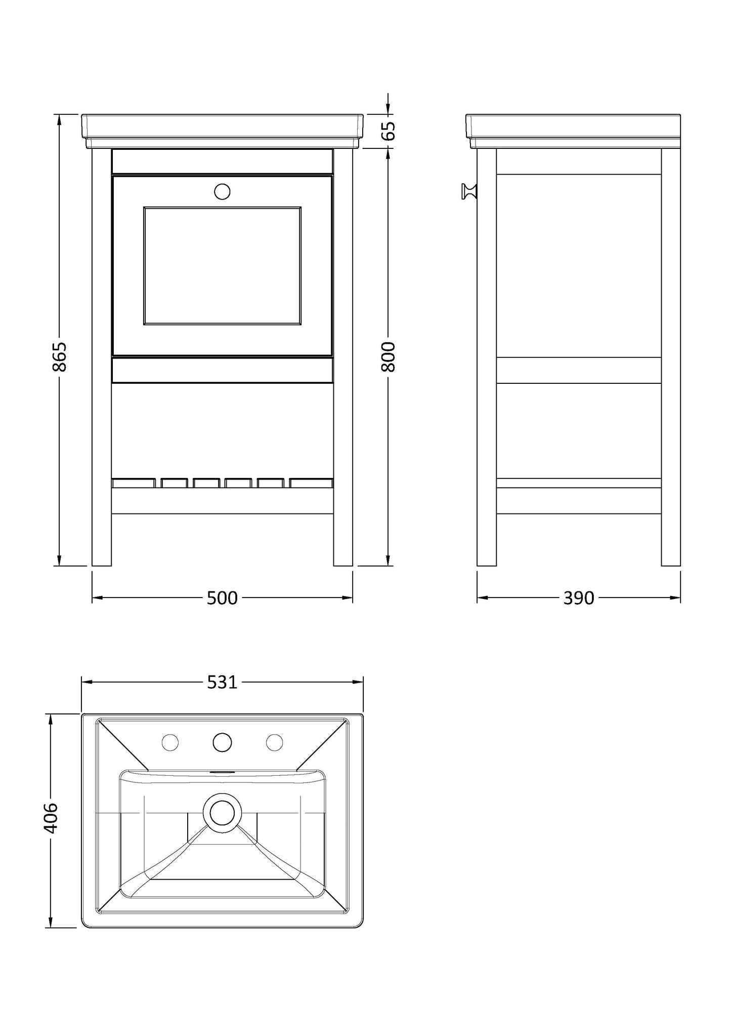 Hudson Reed Bexley 500mm Floor Standing Vanity Unit With 1 Drawer & 3 Tap Hole Fireclay Basin