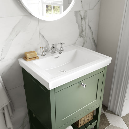 Hudson Reed Bexley 800mm Fern Green Floor Standing Vanity Unit With 3 Tap Hole Basin, Soft Close Drawers