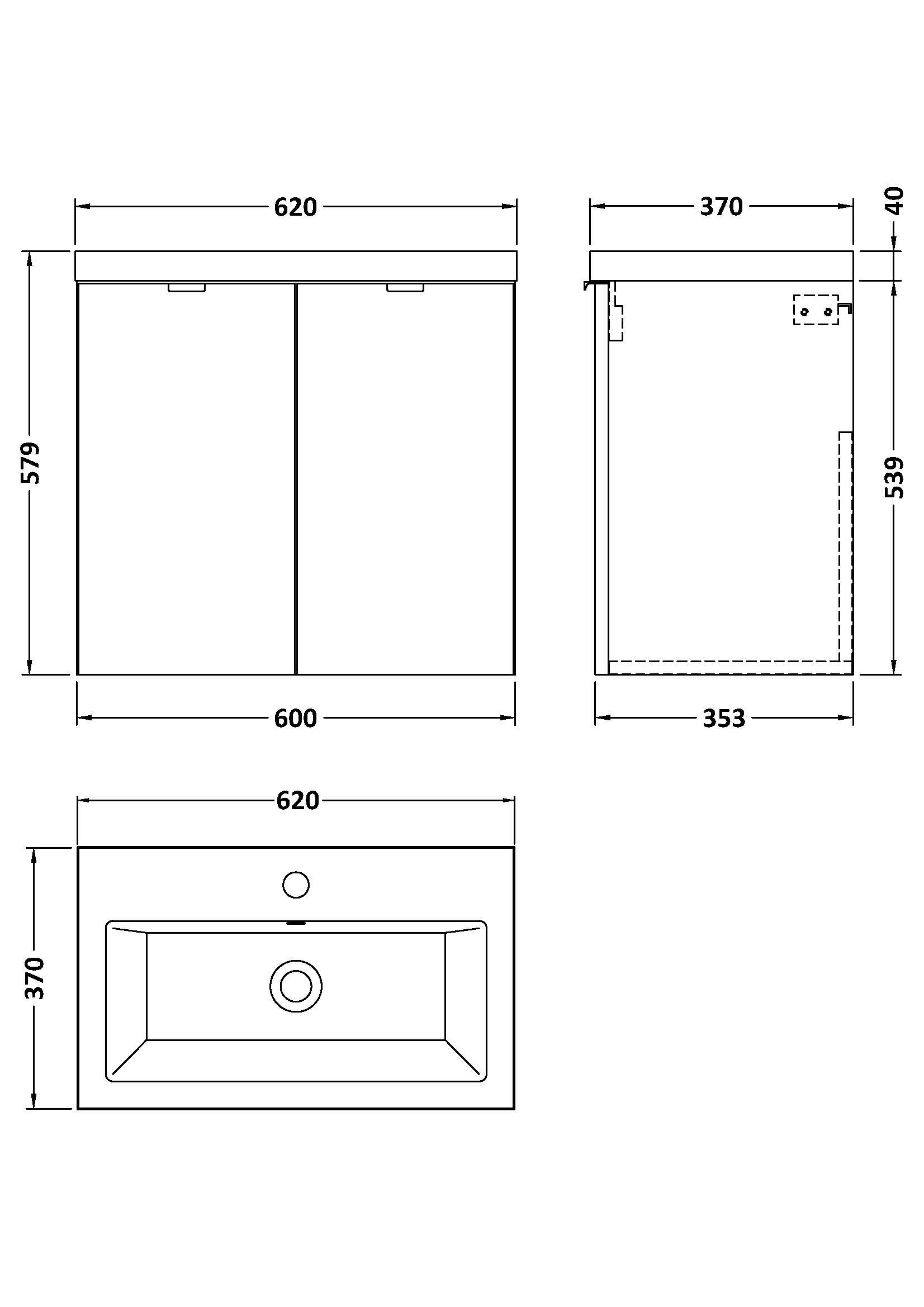 Hudson Reed Fusion 600mm Wall Hung Gloss White 2 Door Vanity Unit & Basin With Soft-Close Doors