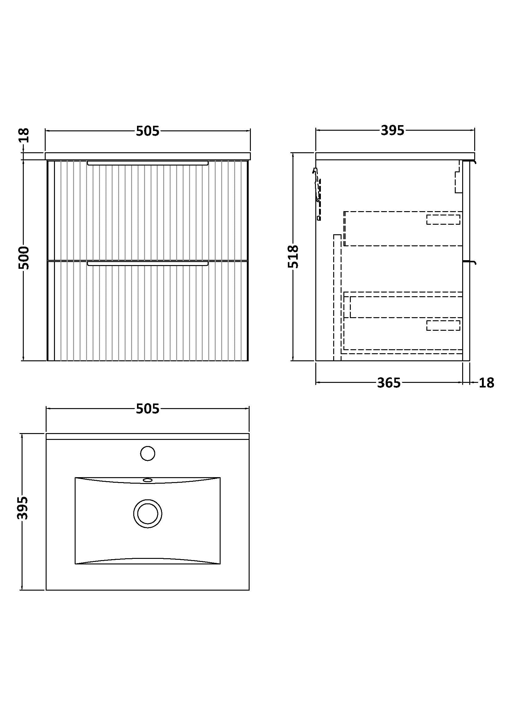 Hudson Reed Fluted 500mm Wall Hung 2-Drawer Vanity Unit With Basin