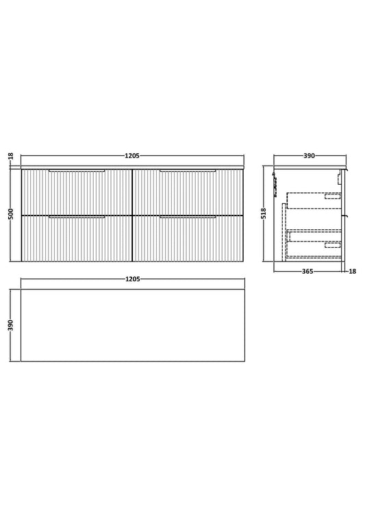 Hudson Reed Fluted 1200mm Soft Black Wall Hung 4-Drawer Vanity Unit With Worktop Basin