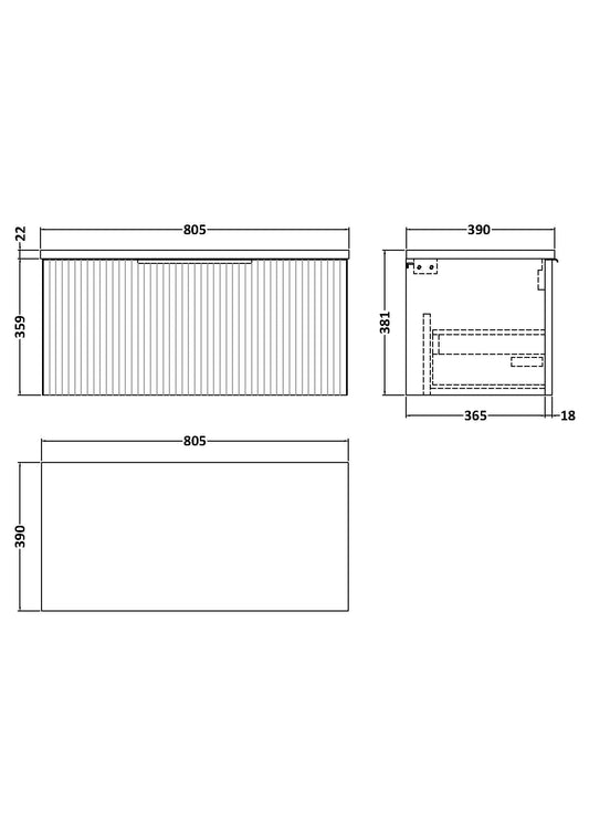 Hudson Reed Fluted 800mm Satin White Wall Hung Single Drawer Vanity Unit With Laminate Worktop