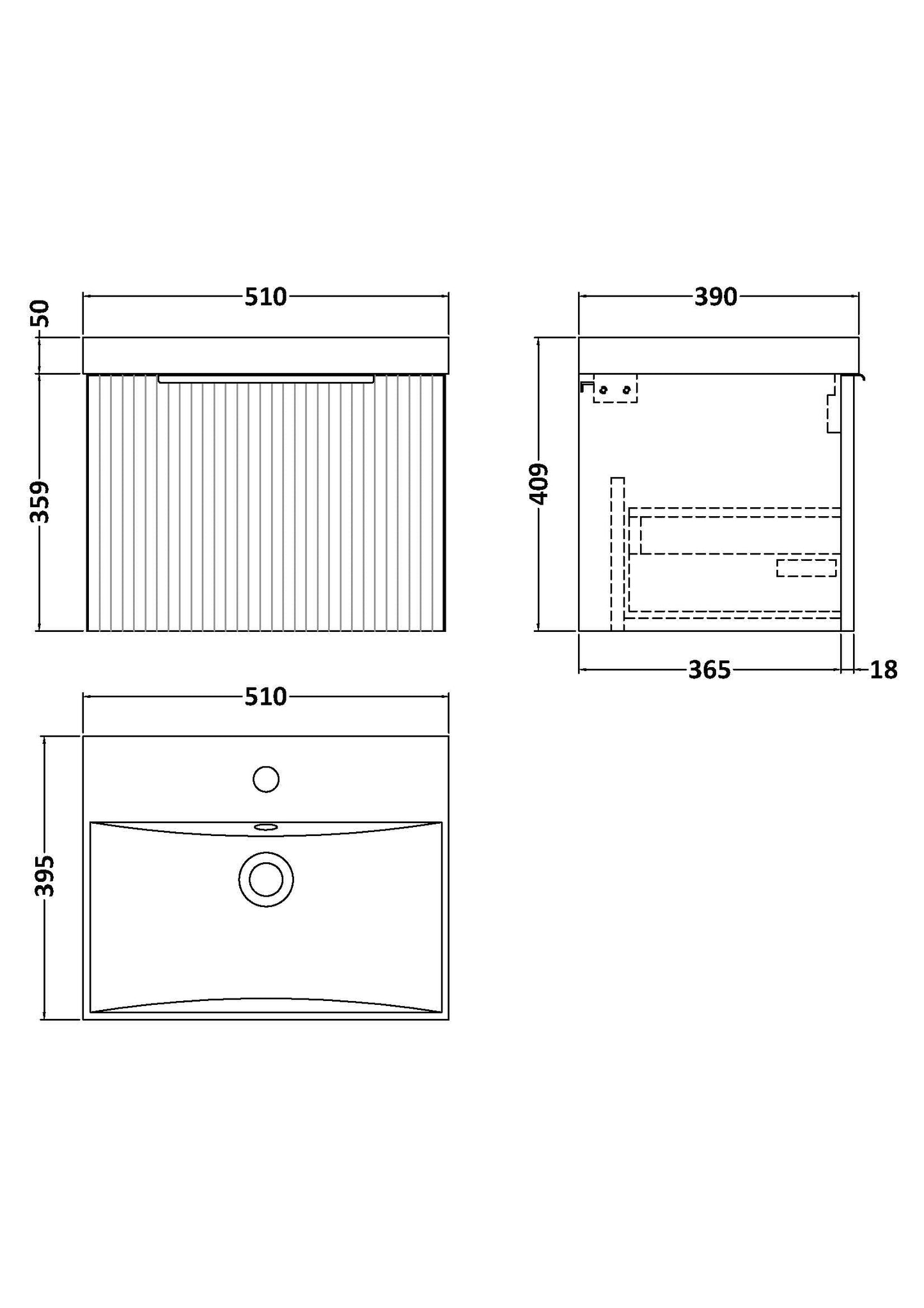 Hudson Reed Fluted 500mm Satin Grey Wall Hung Single Drawer Vanity Unit With Thin-Edge Basin