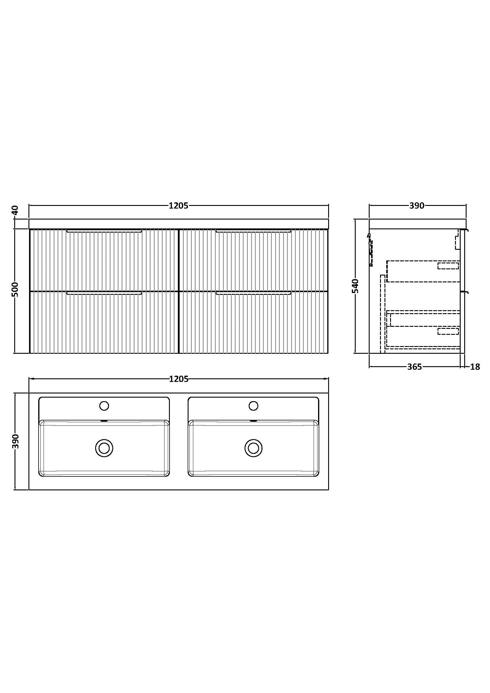 Hudson Reed Fluted 1200mm Wall Hung 4-Drawer Vanity Unit with Double Basin