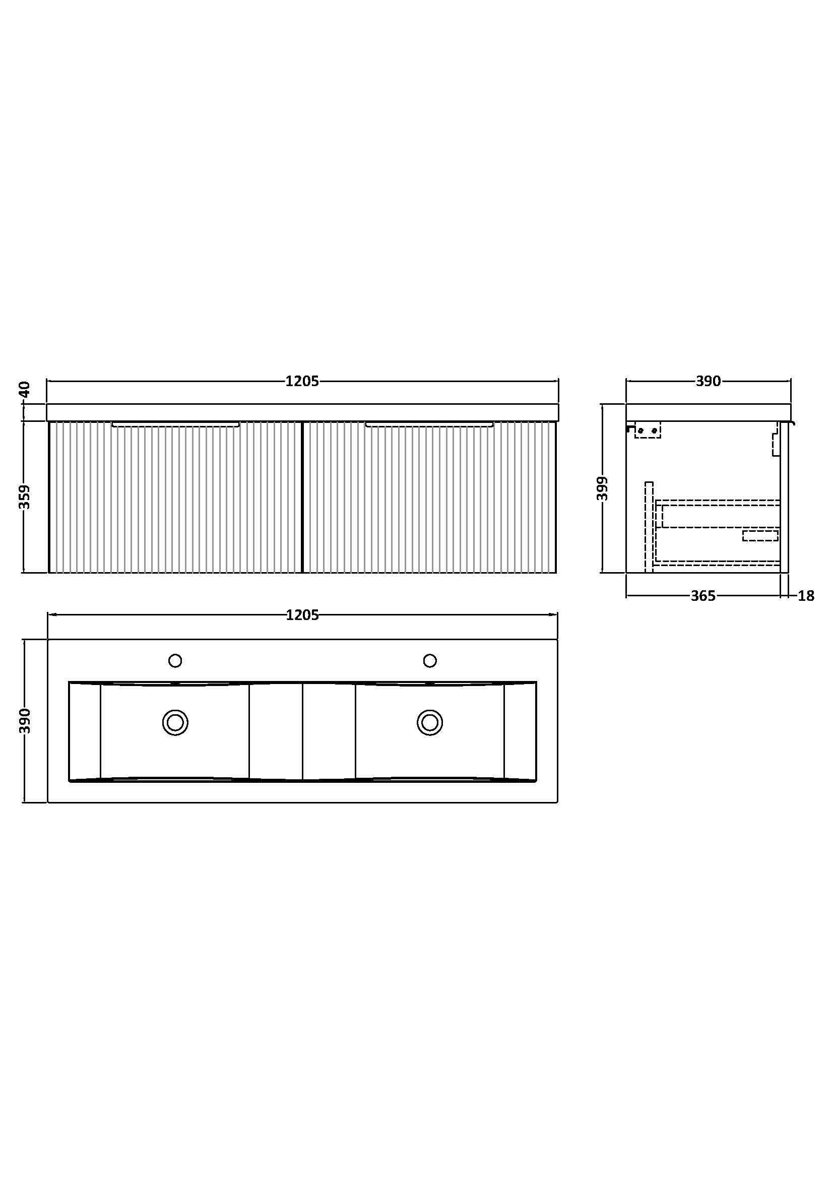 Hudson Reed Fluted 1200mm Satin Blue Wall Hung 2-Drawer Vanity Unit with Double Basin