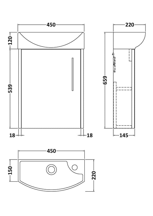Hudson Reed Juno Compact 440mm Left Hand Wall Hung Vanity Unit With 1 Tap Hole Basin