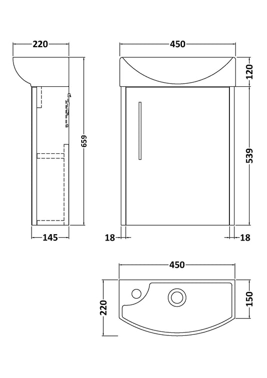 Hudson Reed Juno Compact 440mm Wall Hung Single Door Unit With 1 Tap Hole Basin Right Hand
