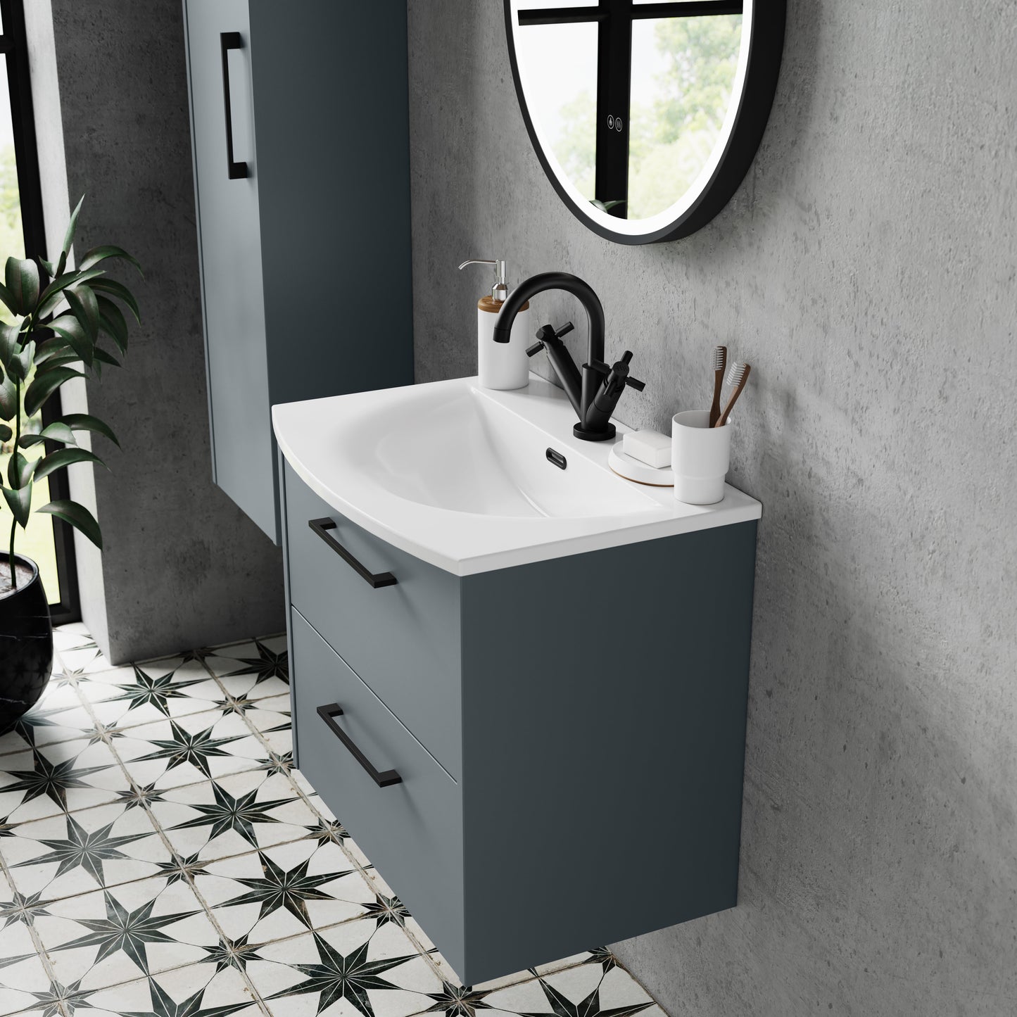 Hudson Reed Juno 600mm Coastal Grey Wall Hung 2-Drawer Vanity Unit with Curved 1 Tap Hole Basin