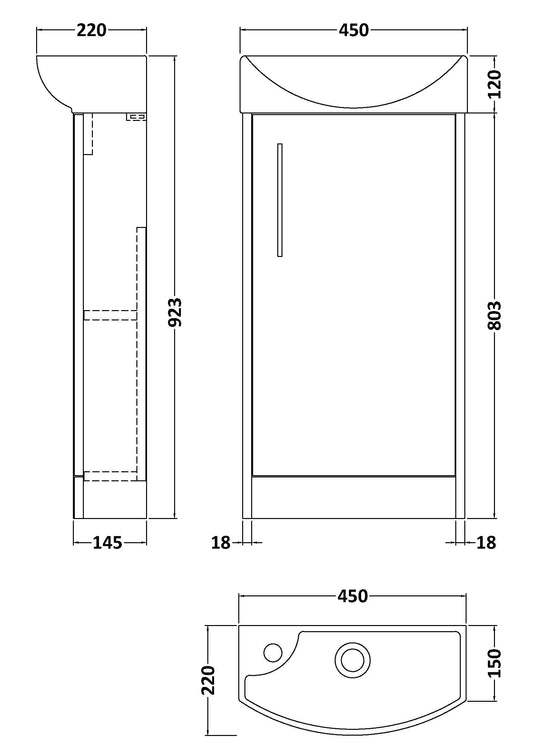 Hudson Reed Juno Compact 450mm Metallic Slate Floor Standing 1 Door Basin Unit With 1 Tap Hole Right Hand