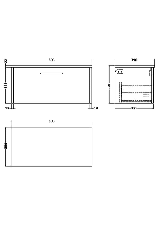 Hudson Reed Juno 800mm Wall Hung 1 Drawer Vanity Unit With Laminate Worktop & Soft Close Drawers