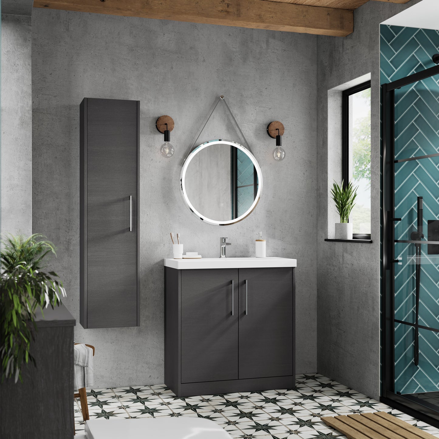 Hudson Reed Juno 600mm Graphite Grey Woodgrain Floor Standing 2-Door Vanity Unit With 1 Tap Hole Basin