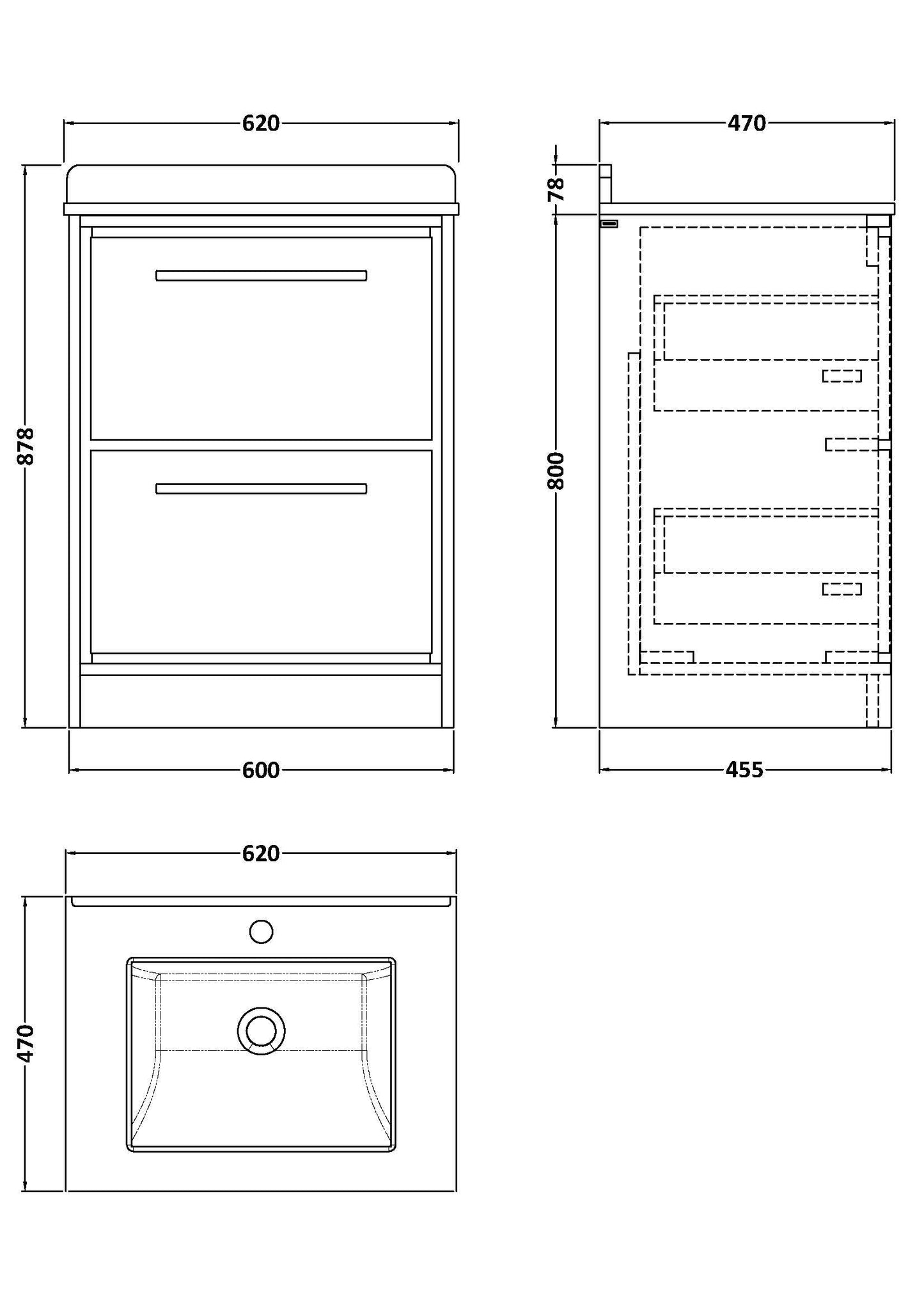 Hudson Reed Lille 600mm Floor Standing 2-Drawer Vanity with Marble Worktop Basin, Soft-Close