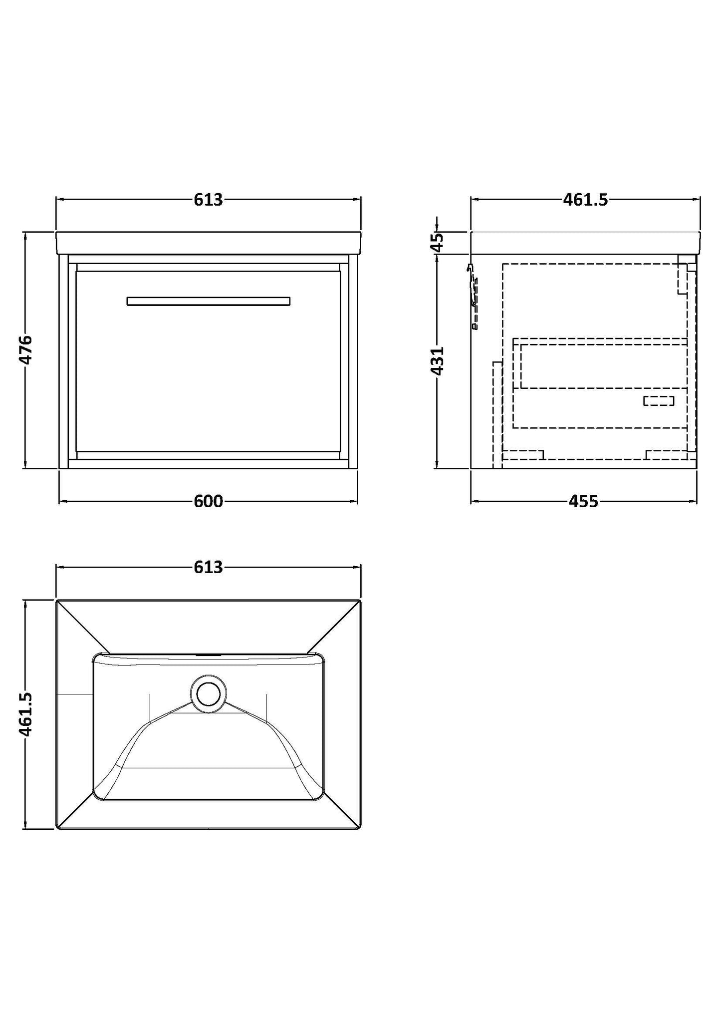 Hudson Reed Lille 600mm Wall Hung Single Drawer Vanity Unit With Basin